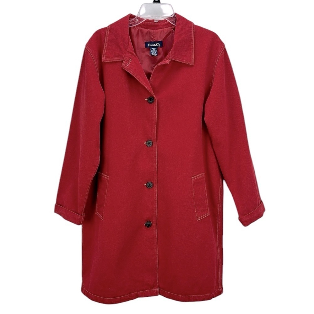 Denim&Co.Red Denim Long Line Jacket Button Front Pockets size Medium Oversized
